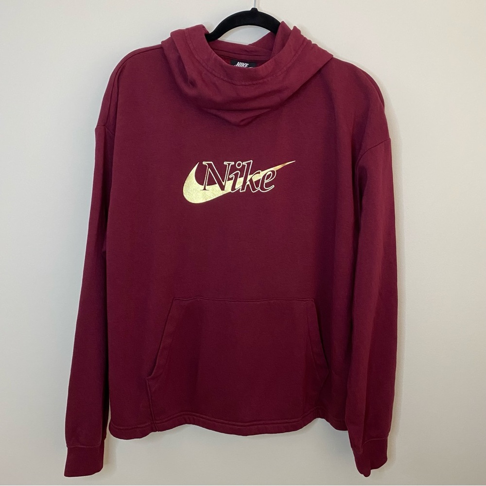 Nike Funnel Neck Pullover Women’s Size Large Burgundy & Gold Light Hoodie